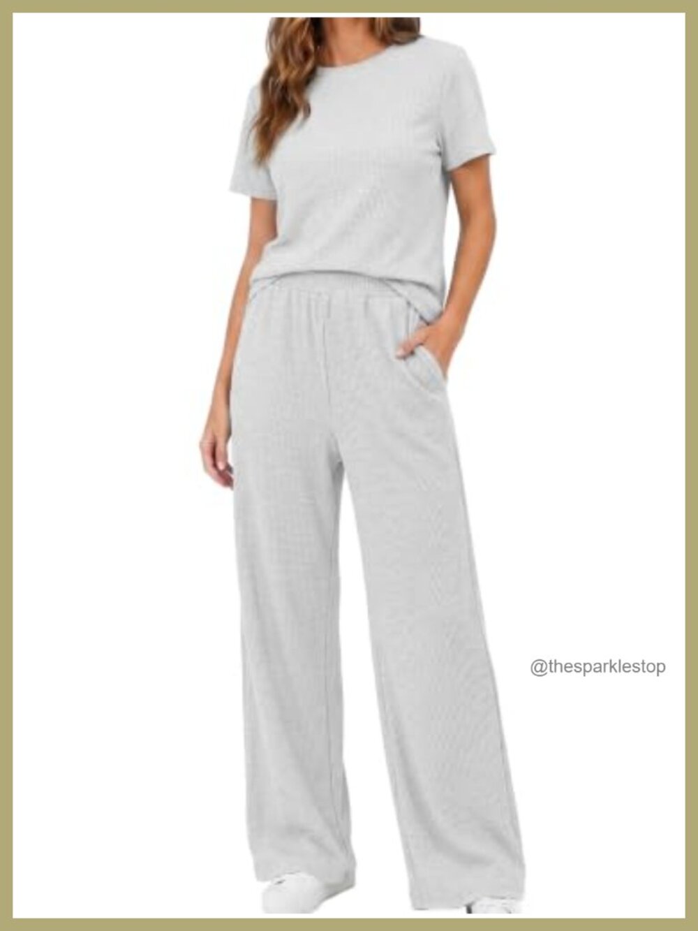 Waffle Knit 2 Piece Lounge Set Short Sleeve Top Wide Leg Pants with Pockets